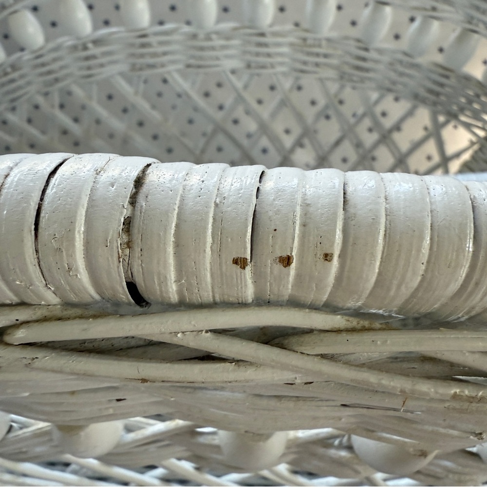 Vintage Wicker White Arched Magazine Holder / Rack w/ Wooden Beaded Detail - Picture 8 of 17